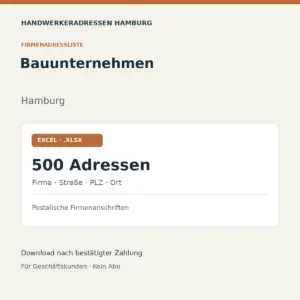 Bauunternehmen Hamburg: Excel-Liste mit 500 Firmenadressen und Postanschriften